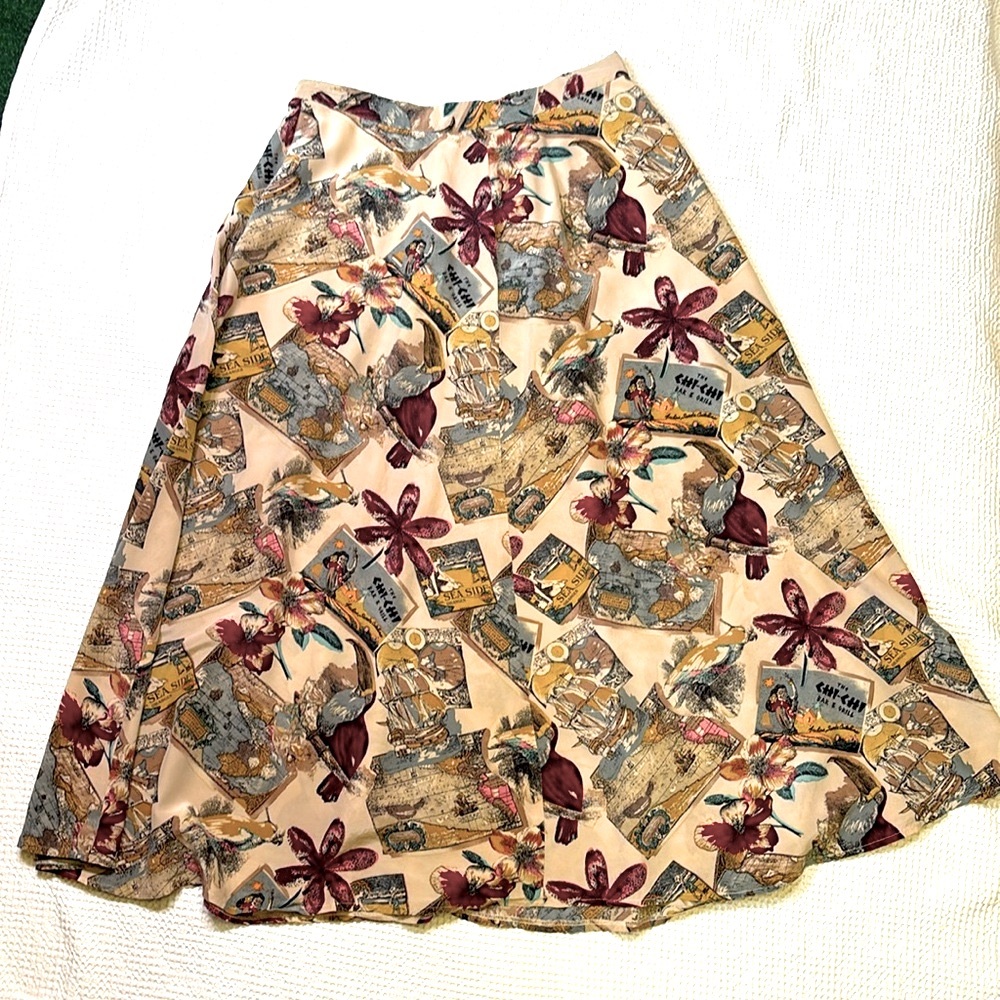 Vintage Theo Miles Silk, A-line Swing, Maxi Skirt, Tropical, Size 12, NWOT